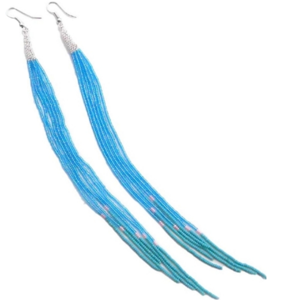 Long 8 Inch Turquoise Blue Pink Beaded Fringe Tassle Earrings Dangle Statement - Picture 2 of 3
